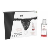Набір Intt BRAZILIAN PANTY BLACK: трусики на резинці S-XL з перлинним кільцем + полунична змазка — Просмотреть изображение 1
