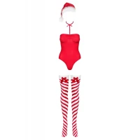 Тедді Obsessive Kissmas teddy, S/M, червоне, без бретелей, чокер, панчохи та шапка з помпоном у наборі — Переглянути зображення 3