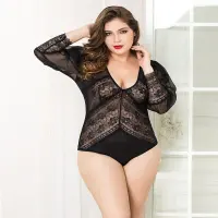 Мереживне боді JSY «Спокуслива Мері» Plus Size, Black, рукави-ліхтарики, дрібна сітка — Просмотреть изображение 3
