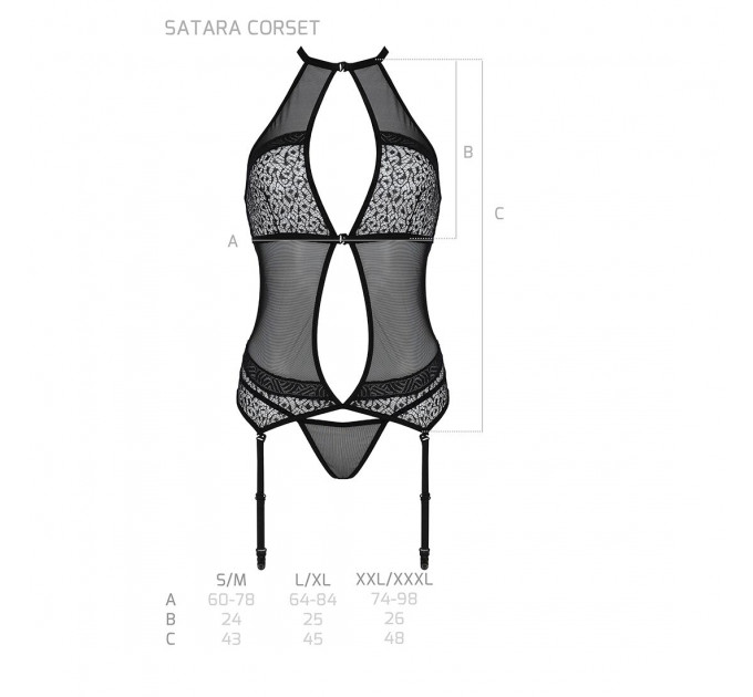 Корсет з пажами Passion SATARA CORSET S/M black, стрінги, мереживо, застібки спереду та ззаду