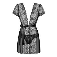 Пеньюар Obsessive Alluria peignoir &amp; thong, S/M, прозорий, з мереживом, пояс, трусики в комплекті — Переглянути зображення 3