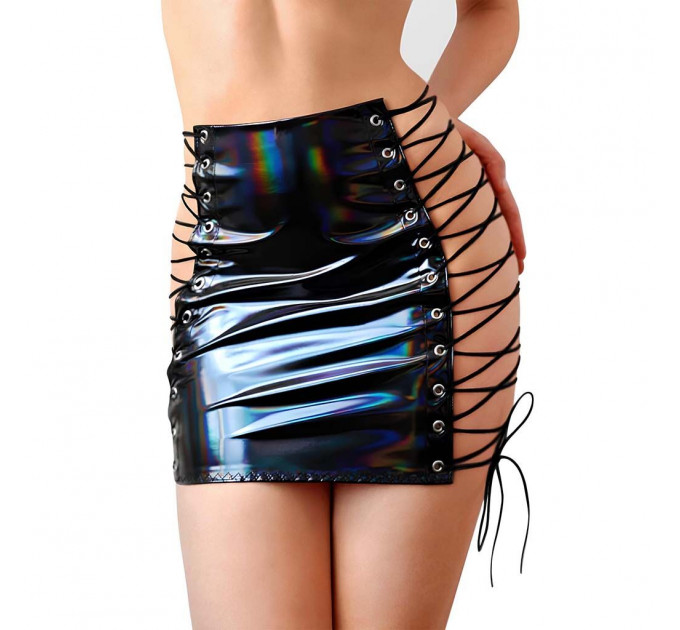 Лакована спідниця на шнурівці Art of Sex - Molly, колір чорний з ефектом голограми, L-2XL