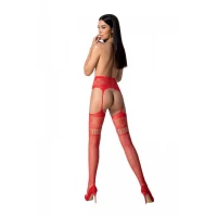Еротичні колготки-бодістокінг з плетінням на стегнах Passion S030 One Size, red, квітковий візерунок — Переглянути зображення 2