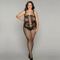 Сітчастий бодістокінг JSY «Ніжна Люсі» Plus Size, black, імітація боді, імітація шнурівки — Просмотреть изображение 3