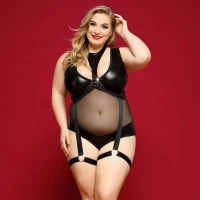 Елегантне боді з екошкіри JSY «Спокуслива Морган» Plus Size, Black, сітка, портупея з гартерами — Переглянути зображення 1