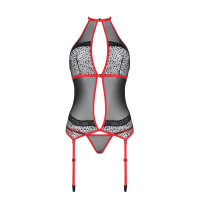 Корсет с пажами Passion SATARA CORSET L/XL red, стринги, кружево, застежки спереди и сзади