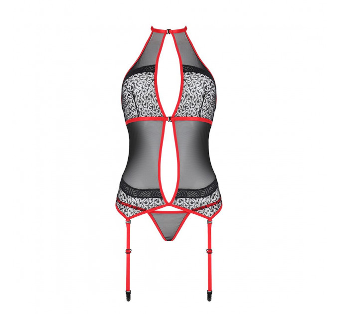 Корсет з пажами Passion SATARA CORSET L/XL red, стрінги, мереживо, застібки спереду та ззаду