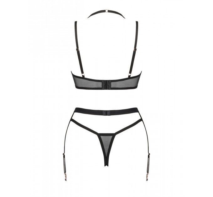 Комплект білизни Obsessive Selinne 3-pcs set XL/2XL Black, бюстгальтер, стрінги пояс для панчіх