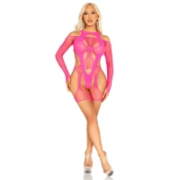 Бодістокінг Leg Avenue Fishnet Garter Harness and Teddy One Size Neon Pink — Переглянути зображення 5