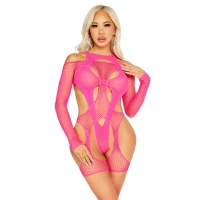 Бодістокінг Leg Avenue Fishnet Garter Harness and Teddy One Size Neon Pink — Переглянути зображення 4