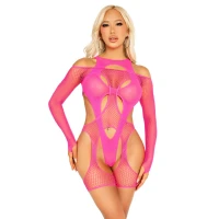 Бодістокінг Leg Avenue Fishnet Garter Harness and Teddy One Size Neon Pink — Переглянути зображення 1