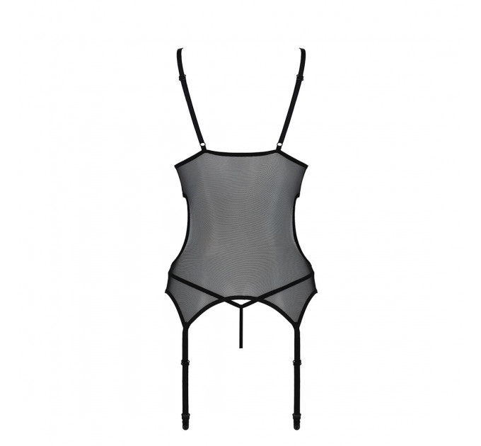 Корсет із підв’язками та ажурним ліфом Passion CHRISTA CORSET L/XL, black, стрінги в комплекті