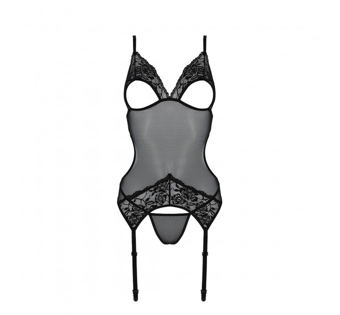 Корсет із підв’язками та ажурним ліфом Passion CHRISTA CORSET L/XL, black, стрінги в комплекті