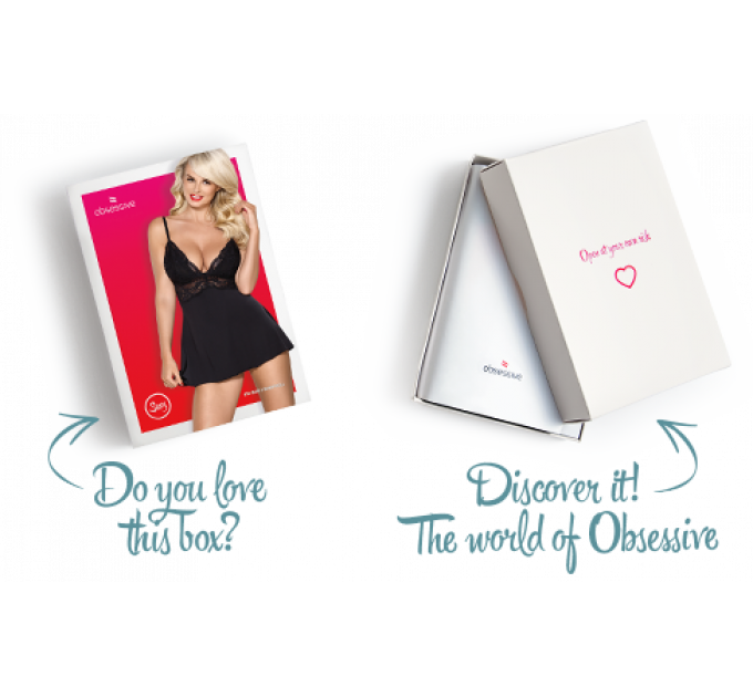 Сатиновий пеньюар з мереживом Obsessive 810-BAB-1 babydoll & thong L/XL, чорний, пеньюар, танга