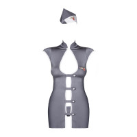 Еротичний костюм стюардеси Obsessive Stewardess 3 pcs grey L/XL, сірий, сукня, стрінги, пілотка