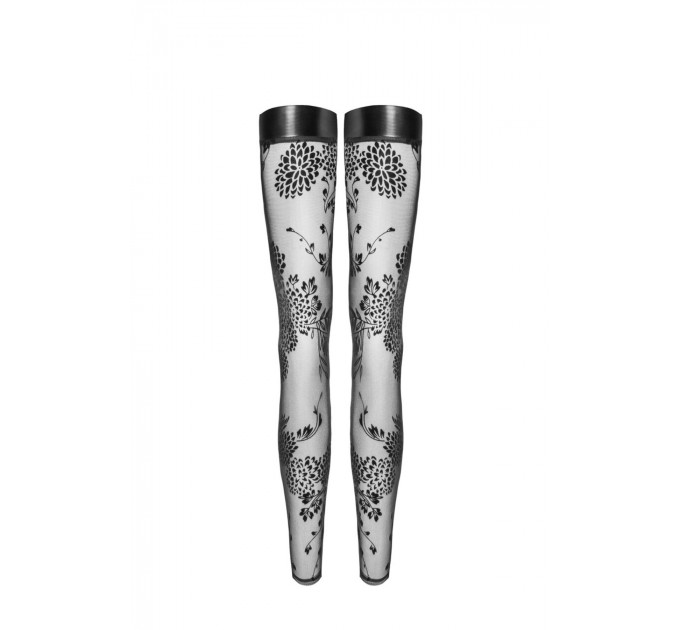 Панчохи без миска Noir Handmade F243 Tulle stockings with patterned flock embroidery, S