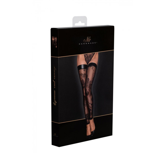 Панчохи без миска Noir Handmade F243 Tulle stockings with patterned flock embroidery, S
