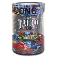 Набір презервативів ONE Tattoo Touch, 100 шт, з рельєфом у вигляді тату, 3 різновиди, паковання-тубус — Переглянути зображення 1