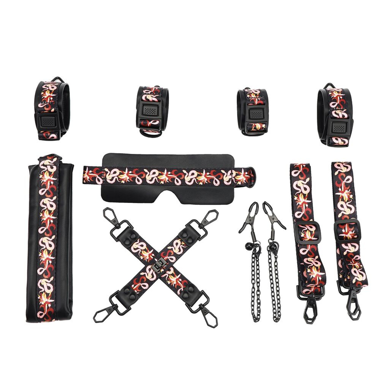 БДСМ-набір LOCKINK The Flowering Serpent Bondage Set, чорний, з малюнком у вигляді змій, 7 предметів
