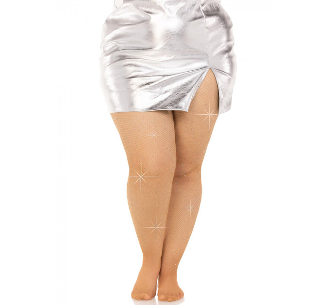 Колготки Leg Avenue Rhinestone micro net tights Plus size Caramel, дрібна сітка, стрази