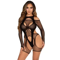 Бодістокінг Leg Avenue Fishnet Garter Harness and Teddy One Size Black — Переглянути зображення 1