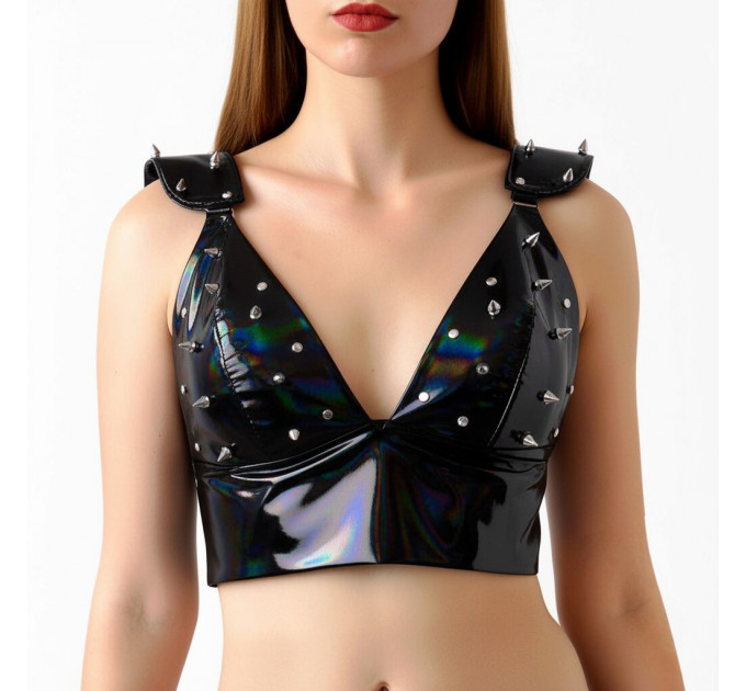 Лакований вініловий ліф з шипами Art of Sex - Mistress, чорний з ефектом голограми, розмір L