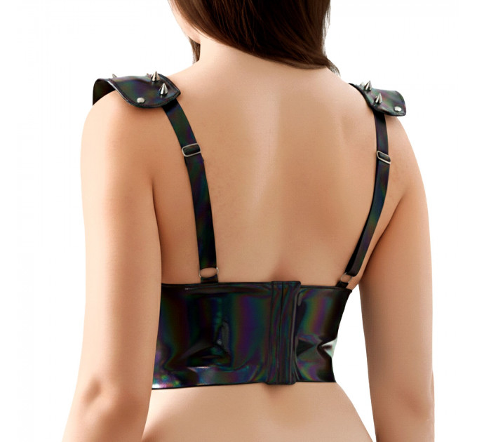 Лакований вініловий ліф з шипами Art of Sex - Mistress, чорний з ефектом голограми, розмір L