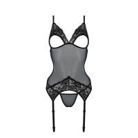 Корсет с подвязками и ажурным лифом Passion CHRISTA CORSET S/M, black, стринги в комплекте
