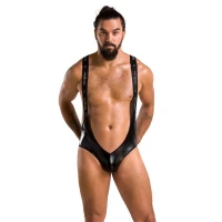 Чоловіче відкрите боді Passion 027 BRUNO XXL/XXXL Black, під латекс, на шлейках — Переглянути зображення 3