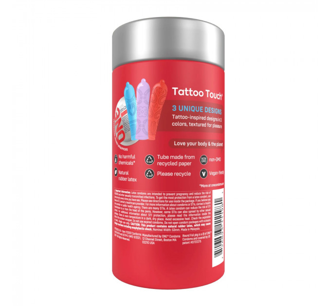 Презервативи ONE Tattoo Touch, 12 шт, рельєф у вигляді тату, 3 різновиди, подарункове паковання-тубус