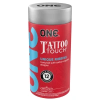 Презервативи ONE Tattoo Touch, 12 шт, рельєф у вигляді тату, 3 різновиди, подарункове паковання-тубус — Переглянути зображення 1
