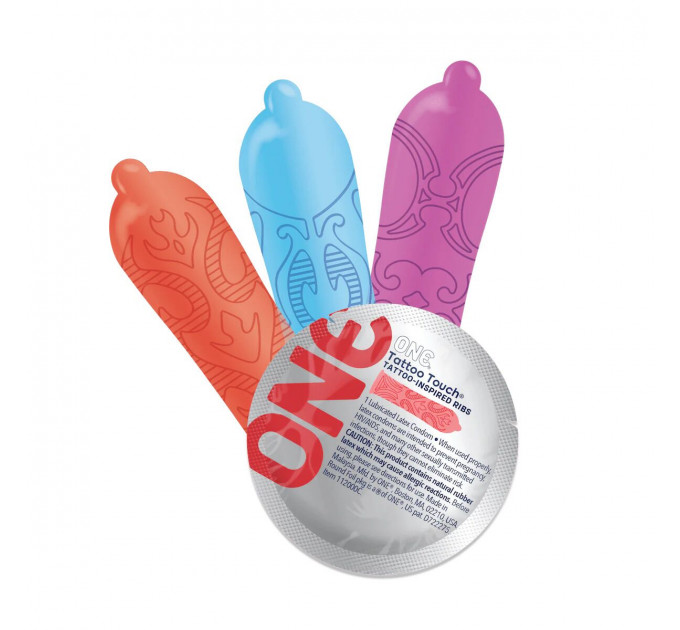 Презервативи ONE Tattoo Touch, 12 шт, рельєф у вигляді тату, 3 різновиди, подарункове паковання-тубус