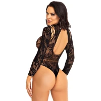 Боді Leg Avenue High neck lace bodysuit, One Size, чорне, довгий рукав, стрінги, квітковий малюнок — Переглянути зображення 3