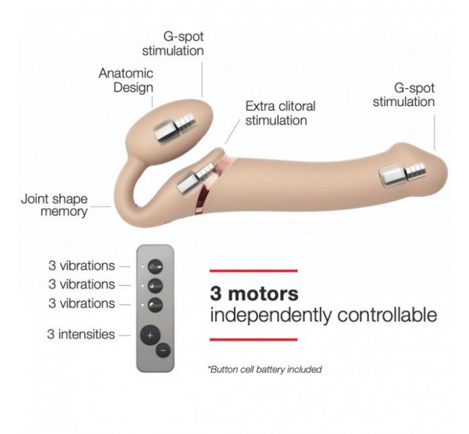 Безремінний страпон з вібрацією Strap-On-Me Vibrating Flesh L, діаметр 4,2 см, пульт ДК, регульований