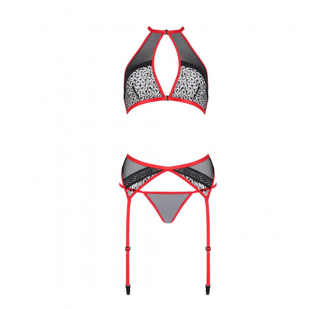Комплект білизни Passion SATARA SET XXL/XXXL red, топ, пояс для панчіх, стрінги