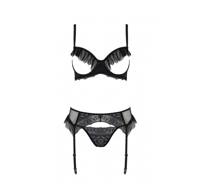 Комплект Passion KERRIA SET WITH OPEN BRA black, L/XL, бюстгальтер з відкритою чашкою, стрінги, пояс для панчіх