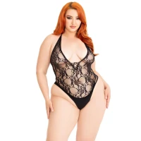 Тедді Leg Avenue Floral lace deep-V teddy, 1X/2X, чорне, мереживне, відкрита спина, високі трусики — Переглянути зображення 1