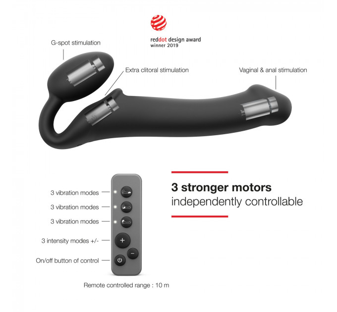 Безремінний страпон з вібрацією Strap-On-Me Vibrating Black L, діаметр 3,7см, пульт ДК, регульований