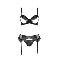 Комплект Passion KERRIA SET WITH OPEN BRA black, S/M, бюстгальтер с открытой чашкой, стринги, пояс для чулок