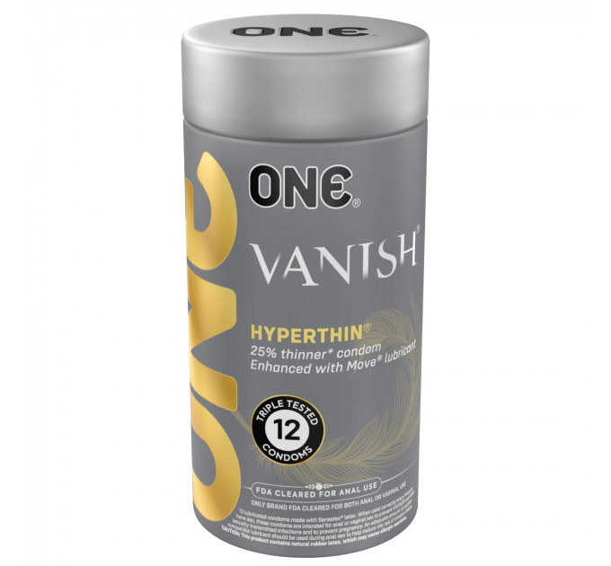 Презервативи ONE Vanish Hyperthin, 12 шт, ультратонкі, зі змазкою, подарункове паковання-тубус