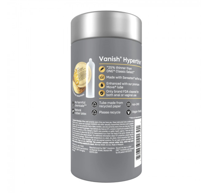 Презервативи ONE Vanish Hyperthin, 12 шт, ультратонкі, зі змазкою, подарункове паковання-тубус