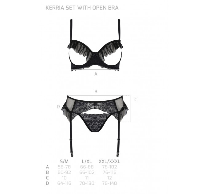 Комплект Passion KERRIA SET WITH OPEN BRA black, XXL/XXXL, бюстгальтер з відкритою чашкою, стрінги, пояс для панчіх