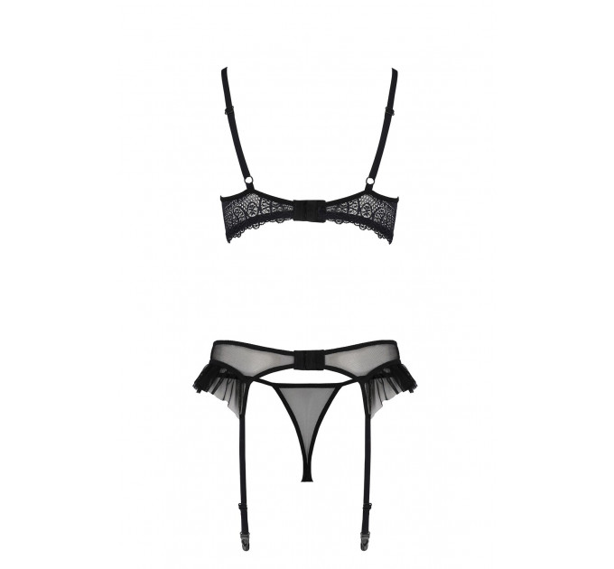 Комплект Passion KERRIA SET WITH OPEN BRA black, XXL/XXXL, бюстгальтер з відкритою чашкою, стрінги, пояс для панчіх