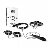 Бондажный набор: ошейник с поводком, наручники и поножи Art of Sex - Cassandra, цвет черный