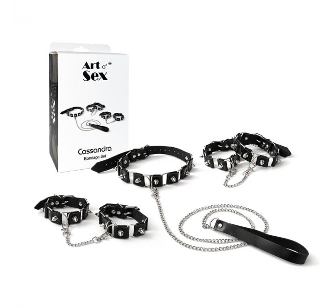 Бондажний набір: нашийник з повідцем, наручники та поножі Art of Sex - Cassandra, колір чорний