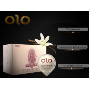 Презервативи Olo Gold Budda з гіалуроновим змащенням і ароматом ванілі, ребристі з точками, 10 шт