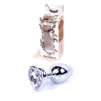 Анальна пробка BOSS SERIES Jewellery Silver Heart Plug Clear, з прозорим каменем у формі серця, металева, срібляста, 27 мм