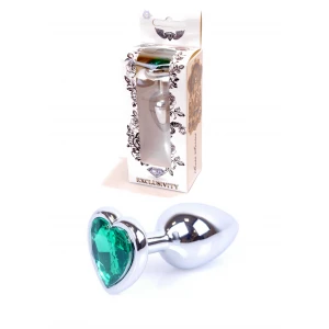 Анальна пробка BOSS SERIES Jawellery Heart, з коштовним осердям, срібна, зелена, 27 мм