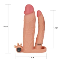 Подвійна насадка подовжувач пеніса з вібрацією Lovetoy Pleasure X-Tender Series, тілесна — фото 3