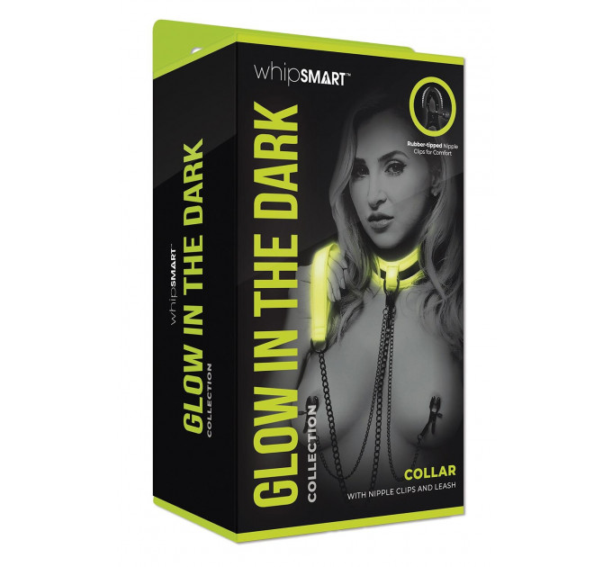 Нашийник із затискачами для сосків люмінесцентний Whipsmart Glow In The Dark, зелений